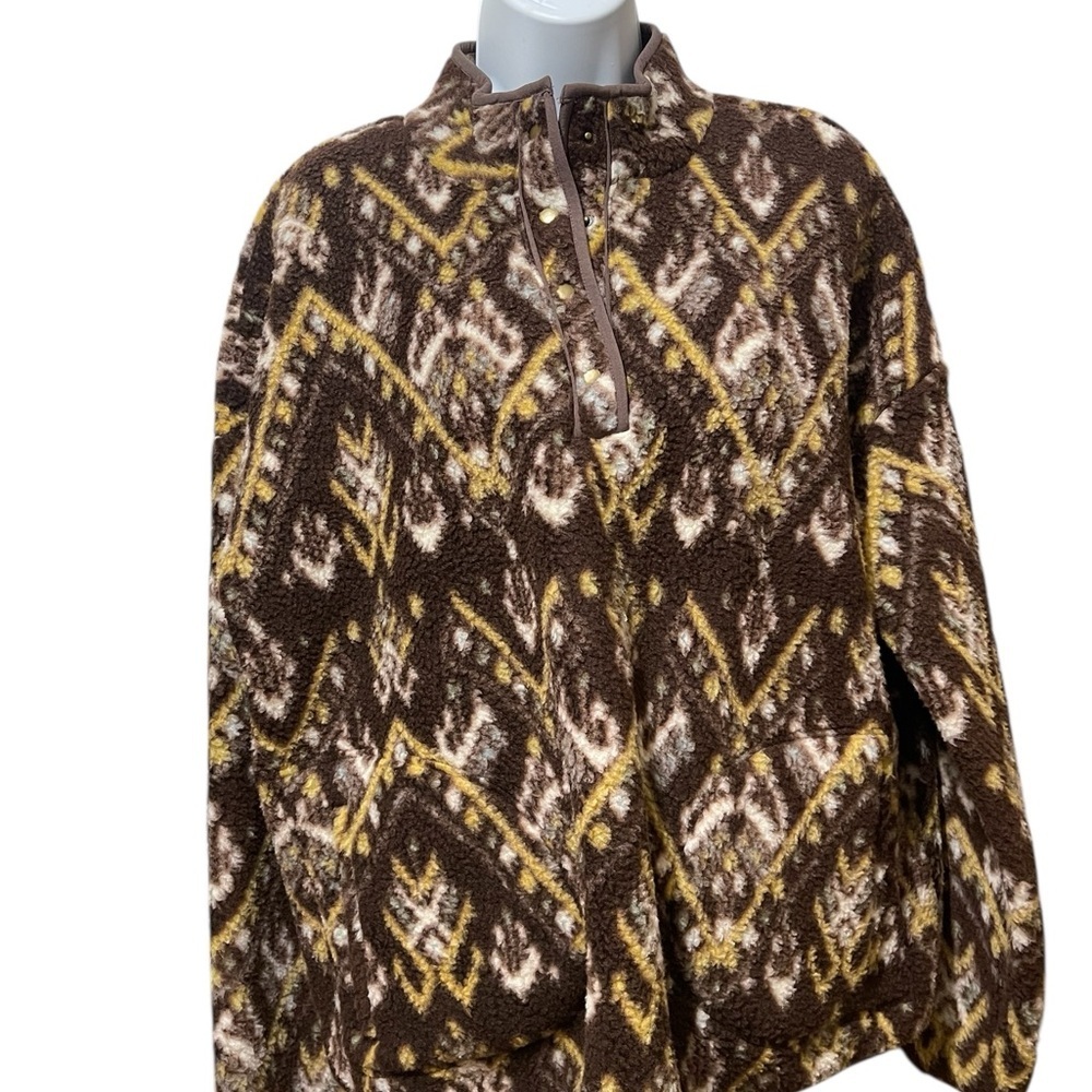 Wonderly Brown Gold Print Sherpa Popover Jacket Granola Rustic Boho sz XL NWT